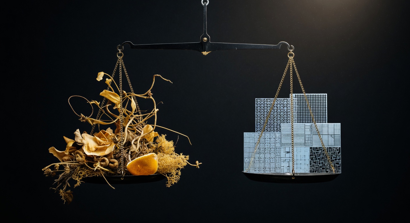 Minimalist dramatic composition of a scale balancing chaotic organic forms against pristine algorithmic grids in stark lighting