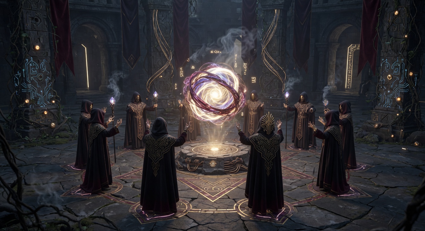 Ancient-meets-future ritual forms symbolizing the Akashic records and preserved cosmic memory