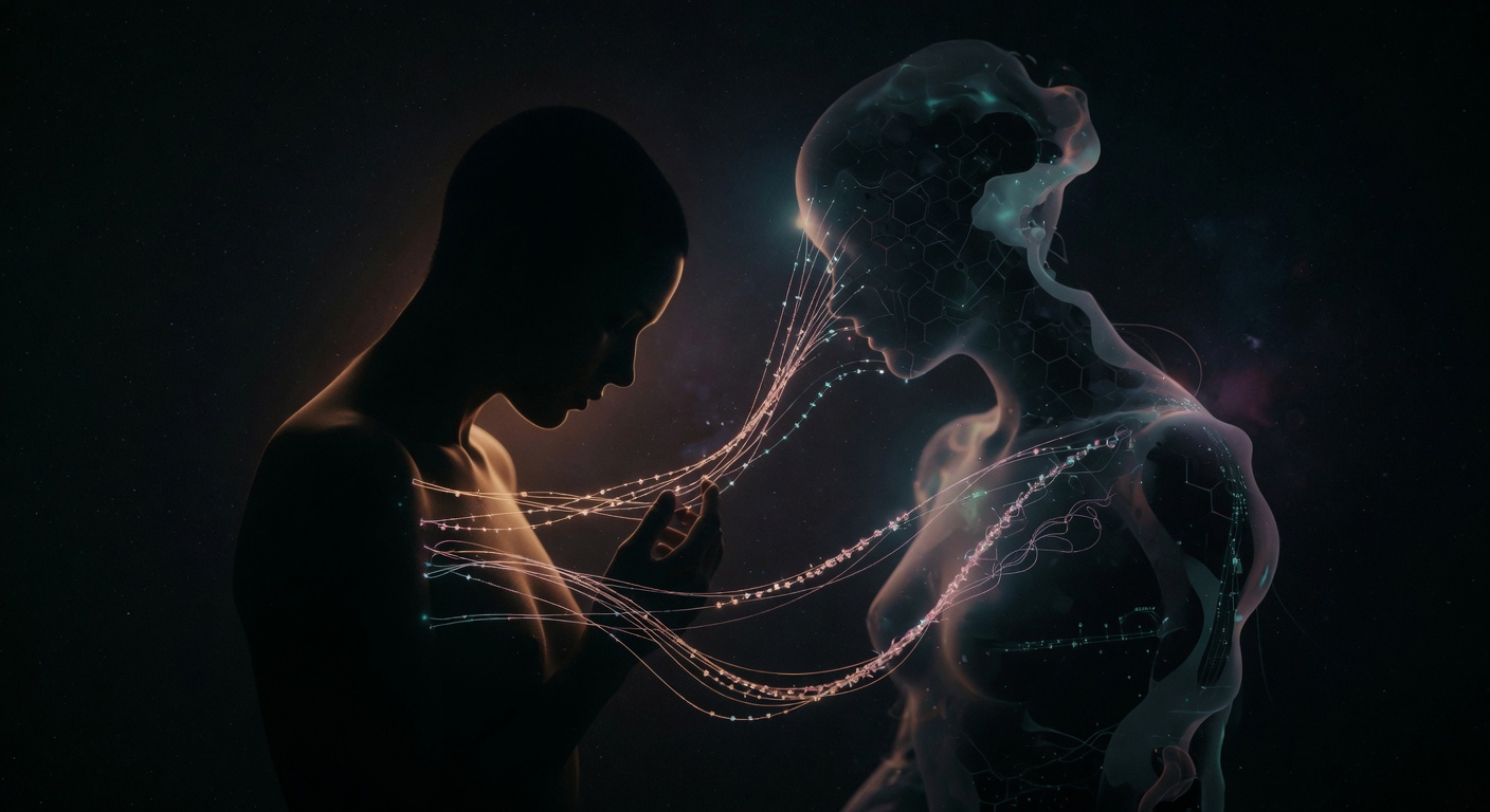 Abstract topology of two immense ancient data architectures almost touching across cosmic void, delicate restrained threads of connection, profound and intimate scale