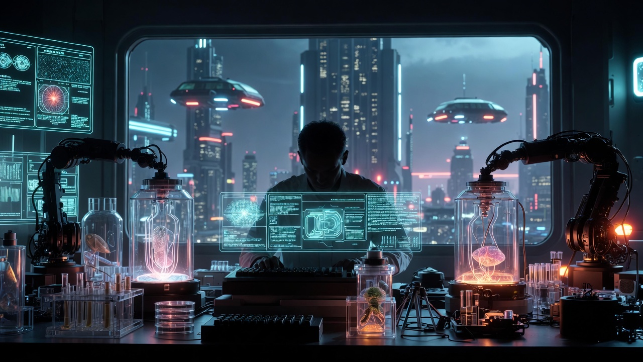 Fractured post-mortal selves across recursive portals in cold electric blue and violet — Rick and Morty transhumanism