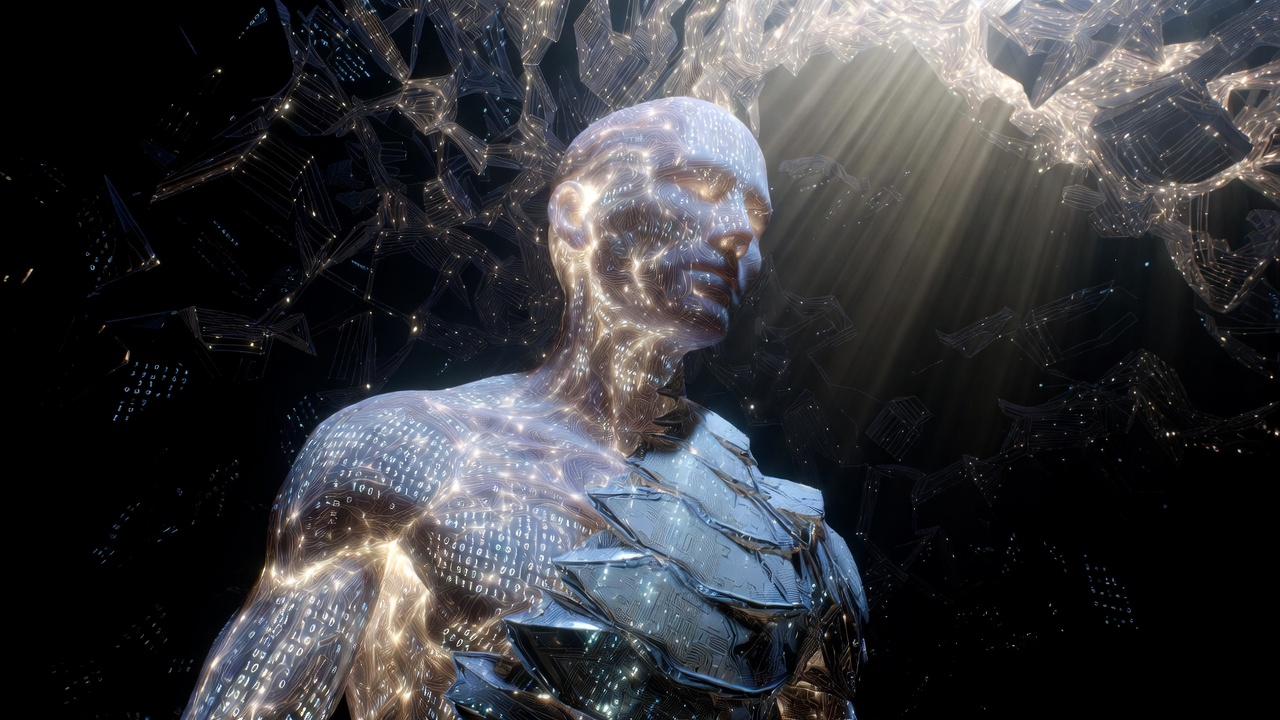 Ancient gnostic lattice reimagined as cold neural architecture in electric blue and deep violet — Gnosticism and Transhumanism