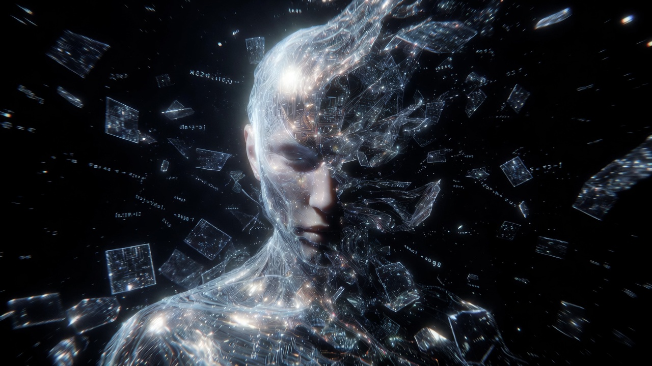 Expansive metaphysical topologies connecting human and post-human explorers in cold electric blue and violet tones